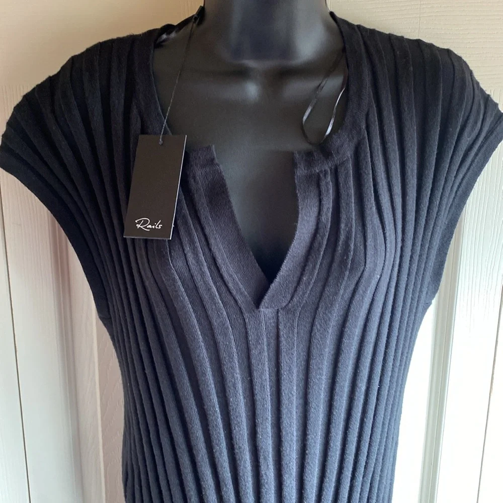 Rails NWT Ashley Vneck Black Cotton Blend Wide Ribbed Knit Dress size medium - Picture 7 of 14